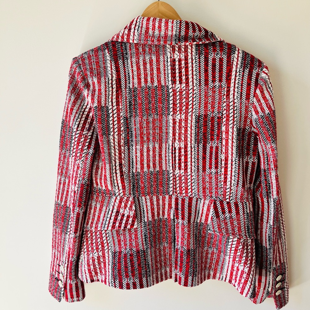 CAbi Red Patterned Tweed Jacket - Women's Button Front Blazer, Size S - Picture 2 of 8